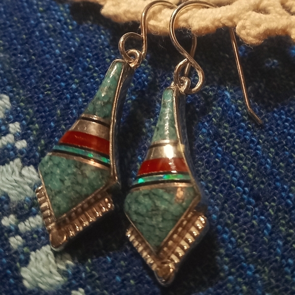 Silver inlay southwestern dangle Earrings! KENNETH BITSIE!!!!! - Picture 1 of 3